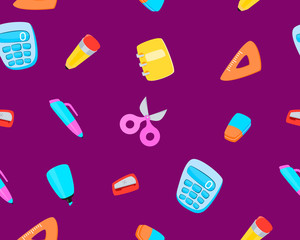 Seamless pattern with school supplies on a purple background. Vector illustration