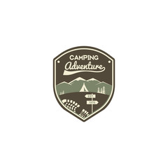 Camping adventure label. Mountain winter camp badge. Outdoor explorer logo design. Travel monochrome and hipster color insignia. Snowboard icon symbol. Wilderness emblem and stamp. Vector patch