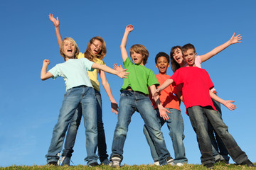 diversity kids group hands raised - 115024096