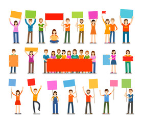 Demonstration or procession, parade icons. People with placards isolated on white background. Vector illustration