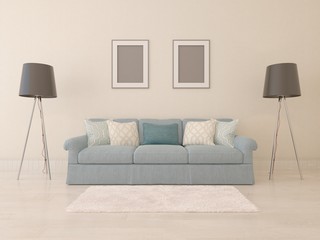 Stylish sofa , living room with classic floor lamps.