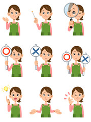 エプロンをつけた主婦の9種類の仕草と表情
