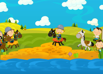 Cartoon scene with knights traveling somewhere - illustration for children