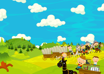 Obraz na płótnie Canvas Cartoon scene travelers and knights traveling trough the hills and meadows - background for different usage - for game or book - illustration for children