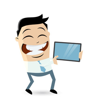 funny businessman showing something important on the tablet