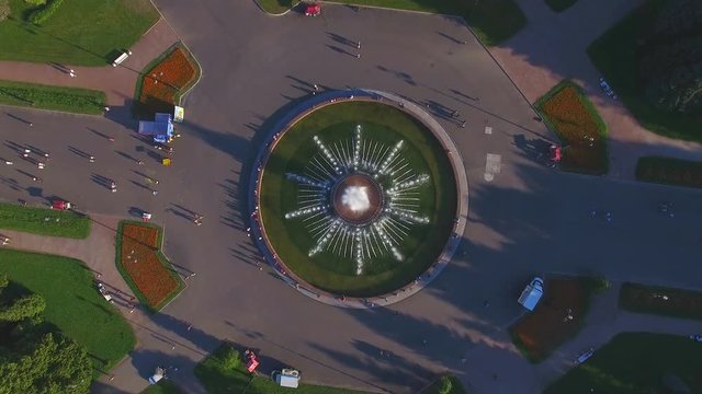 aerial view of the fountain in the Park at the sunset