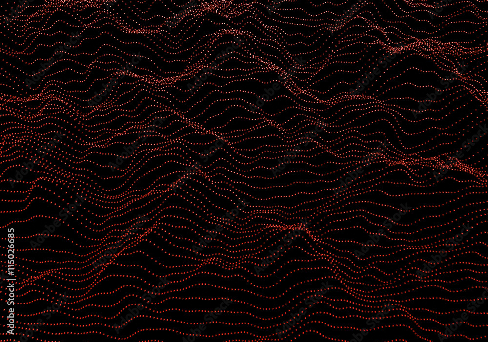 Poster abstract 3d rendering of waves with particles on black background. futuristic background with lines 