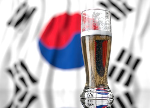 a glass of beer in front a south korean flag. 3D illustration rendering