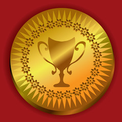 Vector gold winner cup on circle gold medal - trophy concept vector illustration. Sunburst golden shape and flower wreath around vase. Shiny golden medallion as win symbol, premium quality label.