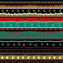 Whimsical embroidery stripes hand drawn doodle pattern. Seamless texture with stitches, hearts, dots, branches, bird footprints for decoration, fabric, wrap, print, textile, greeting card background