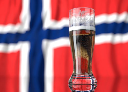 a glass of beer in front a Norwegian flag. 3D illustration rendering.