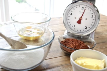 Chocolate cake ingredients ready to be mixed