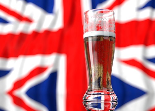 a glass of beer in front a united kingdom flag. 3D illustration rendering.