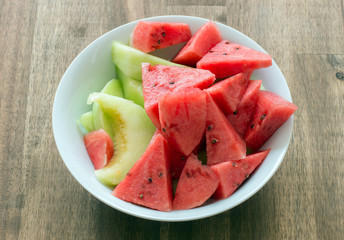 plate of watermelon on a wooden table