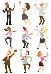 Fototapeta na wymiar Happy business people dancing at office party vector illustration. Celebration fun business happy office party people. Office party people alcohol manager together holiday friends.
