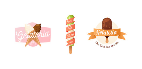 Icecream badge logo food sticky, chocolate cold retro dessert vector illustration. Icecream badge frozen sweets and cold summer icecream badges. Icecream badge modern shop style.