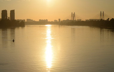 Cable stayed bridge and Neva river.