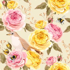 Fototapeta na wymiar English roses and birds seamless