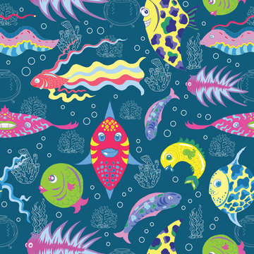 Seamless background with tropical fish and silhouettes of sea plant