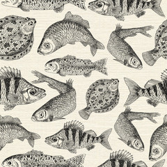 Seamless pattern with engraved fishes