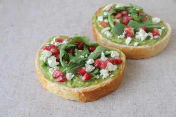 Pomegranate green sourdough open face sandwiches toast