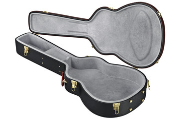 Open guitar case container for protection musical equipment. 3D graphic