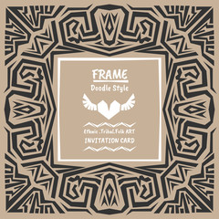 Doodle vector tribal ethnic style frame.Bohemian Invitation card