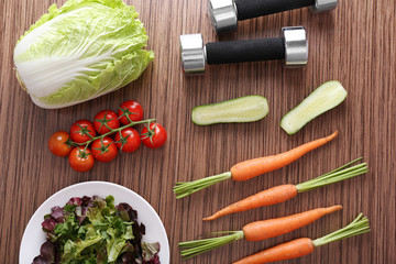 Workout and fitness dieting. Fitness equipment. Healthy food