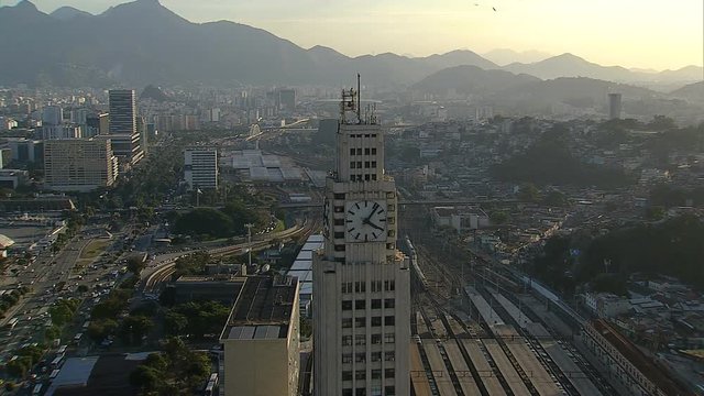 Train Station tower with clock and skyline of Rio De Janeiro, Brazil