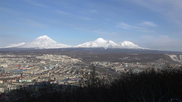 the view from the highest point in the city of Petropavlovsk-Kamchatsky and Avacha volcanoes Kozelskiy and Koryak