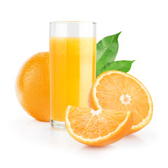 Isolated orange juice with slices of oranges on white background. 100 percent fresh and organic. Sweet juicy cocktail in glass. Natural antioxidant.