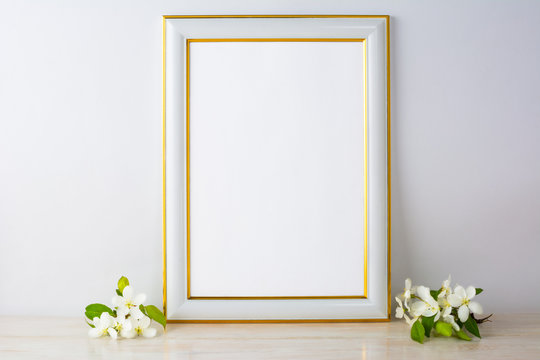 White frame mockup with apple blossom