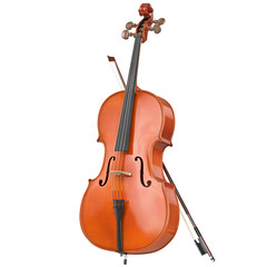 Classic wooden cello with brown bow. 3D graphic - obrazy, fototapety, plakaty