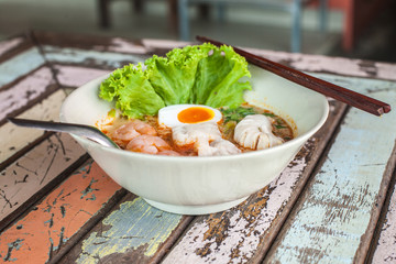 Seafood Tomyum noolde  and boil egg Thailand Food yummy