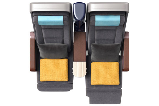 Passenger aircraft chairs with yellow towels, top view. 3D graphic