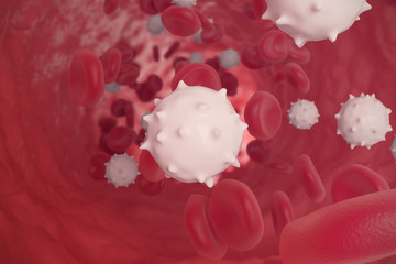 Red and white blood cells in cut flowing through veins, scientific and medical 3d illustration