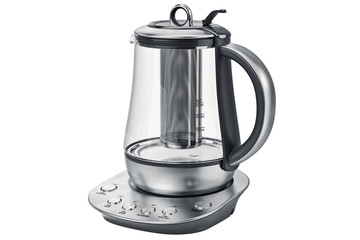Electric kettle aluminum with glass on stand. 3D graphic