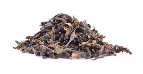 Heap of dried green tea on white background