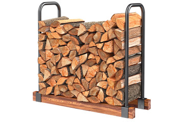 Firewood stack chopped black metal rack. 3D graphic
