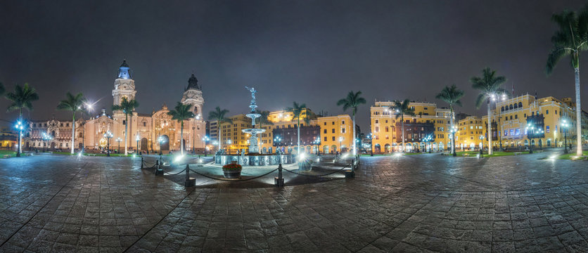 Panoramic night view of main square of Lima, Peru.