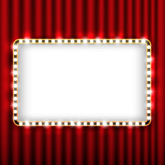 Theater scene with red curtain and sign with gold frame. Presentation banner with curtain for theater, illustration theater curtain
