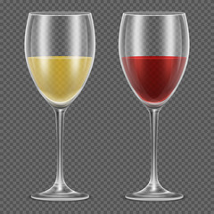 Realistic vector wineglasses with red and white wine on checkered background. Wine in glass vector illustration