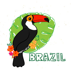 Bright brazilian toucan on branch with flowers © felinaart