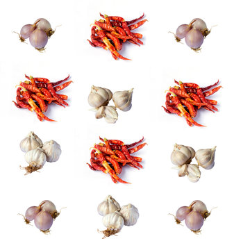 shallots garlic dry chili pepper isolated on white background
