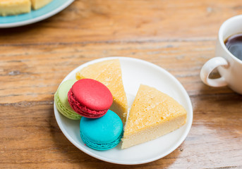 Macaroon and Cake on wood