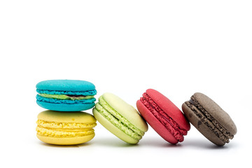 Sweet and colourful french macaroons or macaron on white backgro