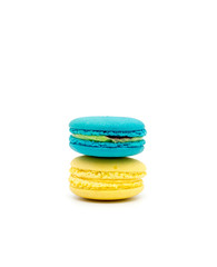 Sweet and colourful french macaroons or macaron on white background
