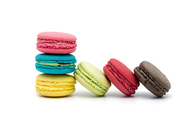Sweet and colourful french macaroons or macaron on white background