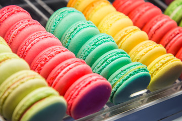 Colourful macaroons in row,selective focus