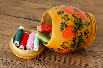Sewing casket with thread colorful balls
